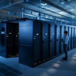 Data center moderno com fileiras de servidores e iluminação azul em ambiente tecnológico