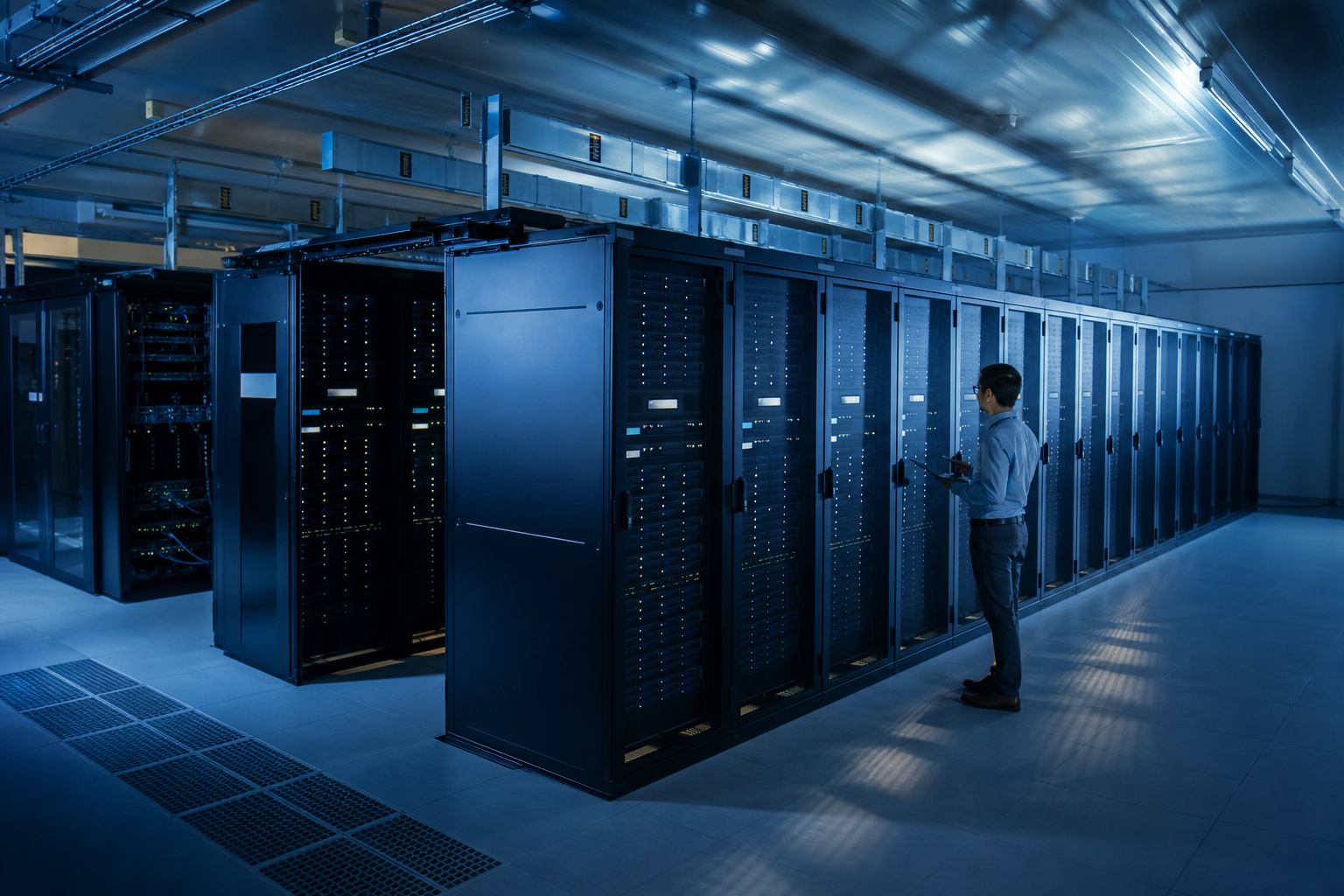 Data center moderno com fileiras de servidores e iluminação azul em ambiente tecnológico